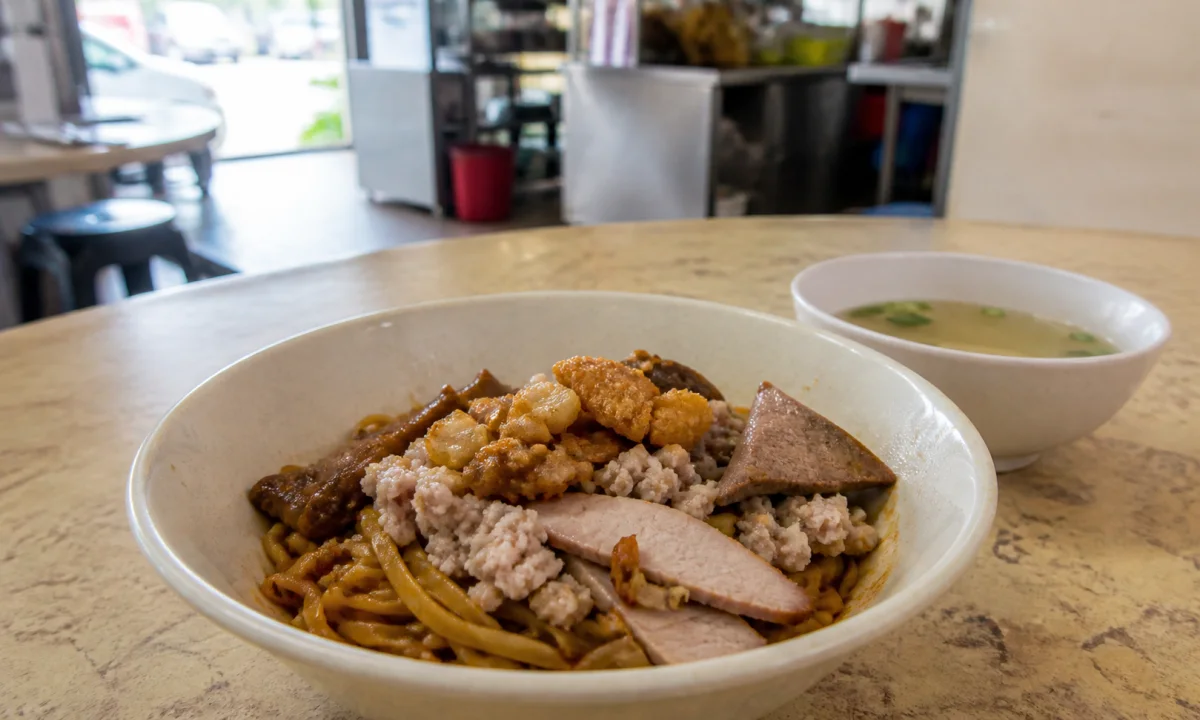 Dry bak chor mee with minced pork, pork slices, mushrooms, fishballs and chilli-vinegar sauce