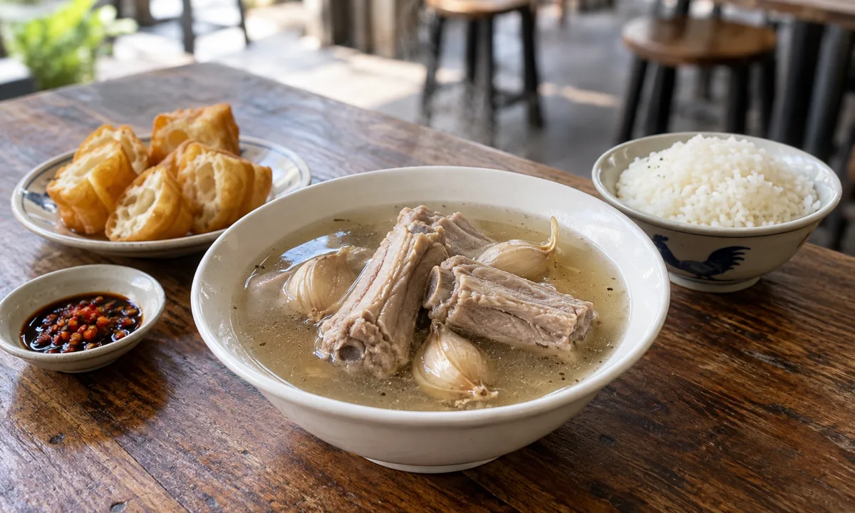 Illustration of peppery bak kut teh with pork ribs, garlic, rice and dough fritters