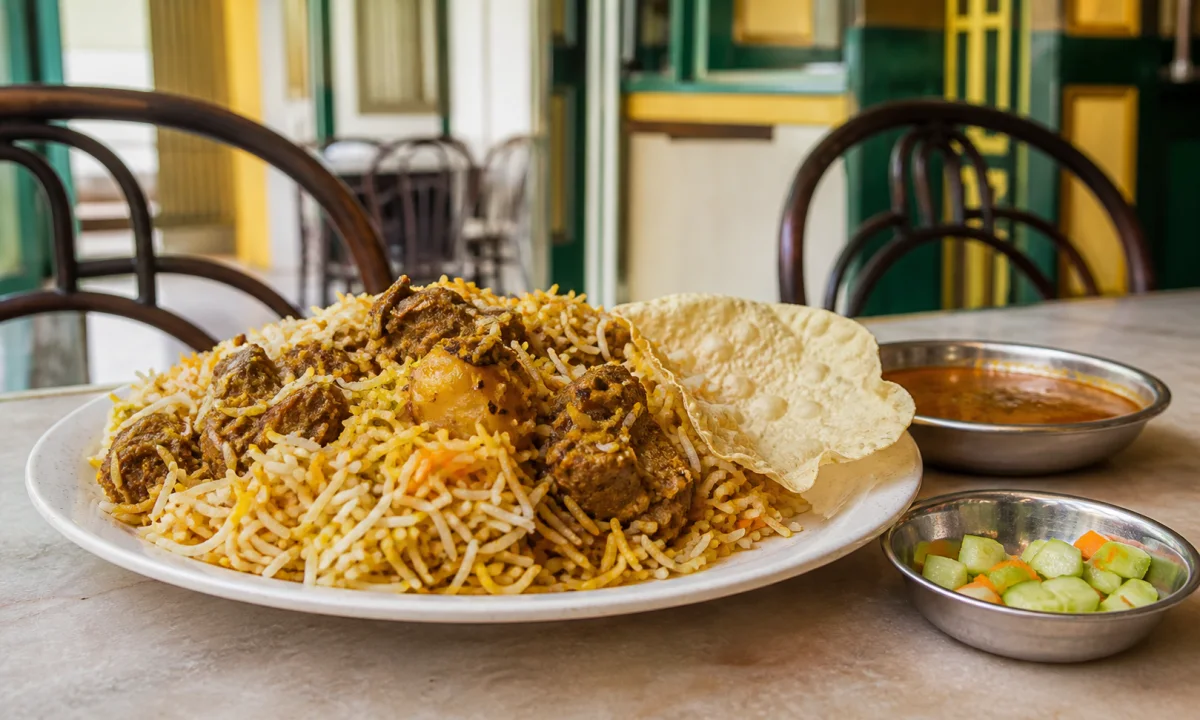 Singapore-style mutton biryani with long-grain basmati rice, achar, curry and a boiled egg