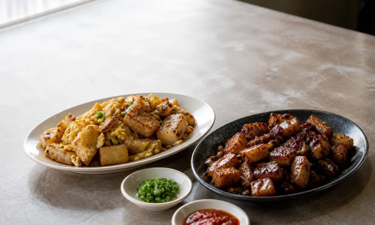 White and black Singapore chai tow kway with egg, preserved radish, sweet soy and chilli