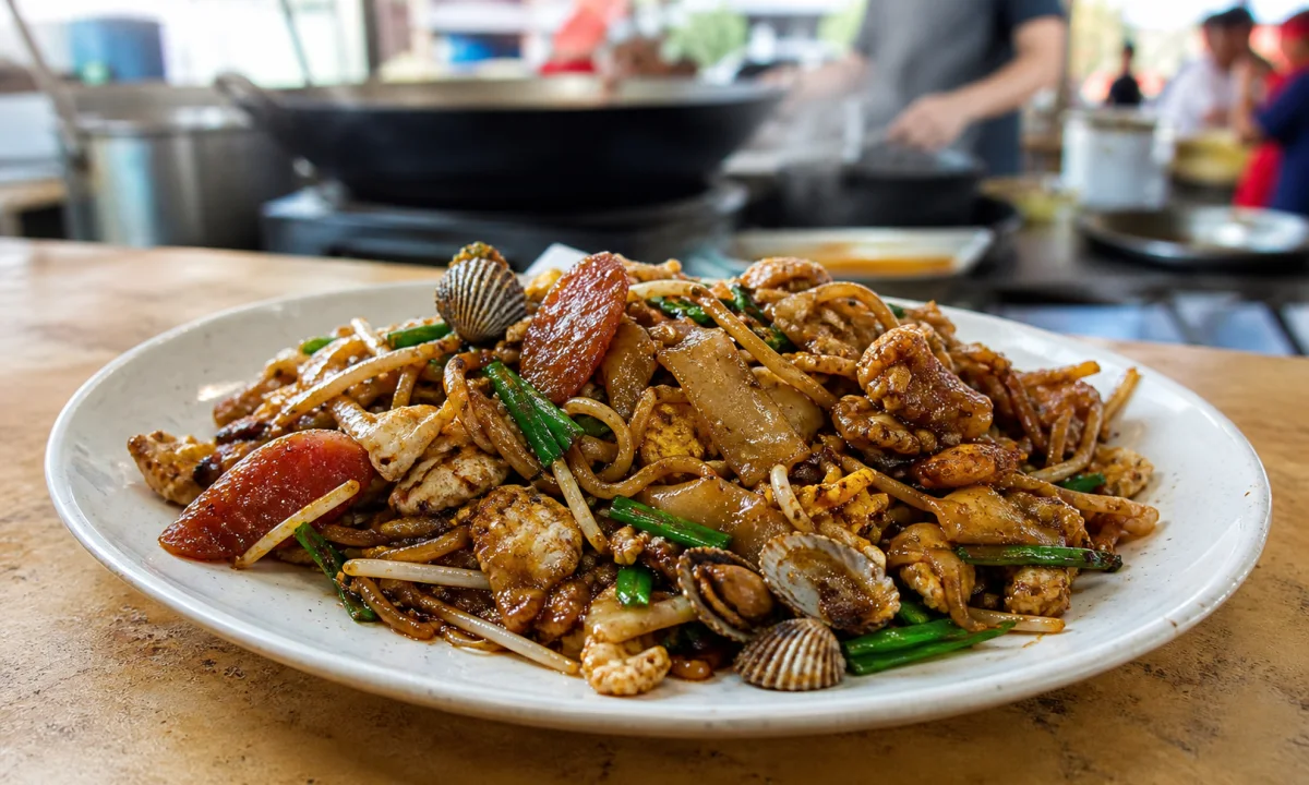 Singapore char kway teow with cockles, Chinese sausage, egg, bean sprouts and chives