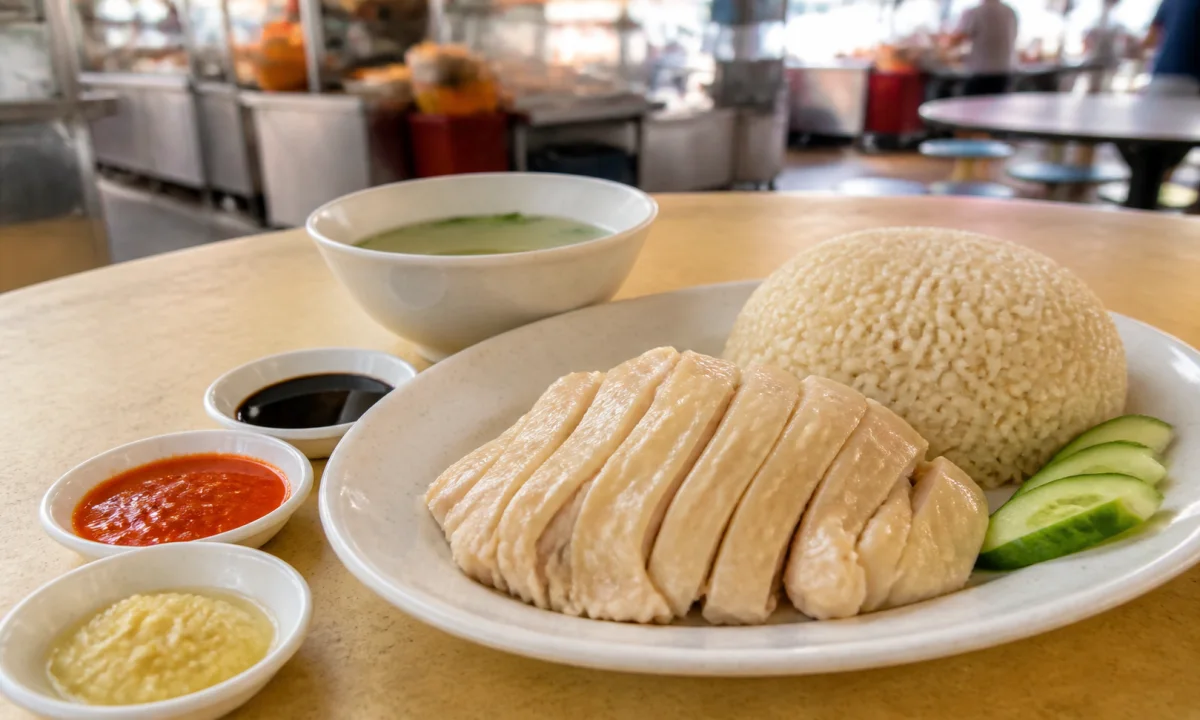Poached and roasted Hainanese chicken rice with cucumber, chilli, ginger and dark soy sauce