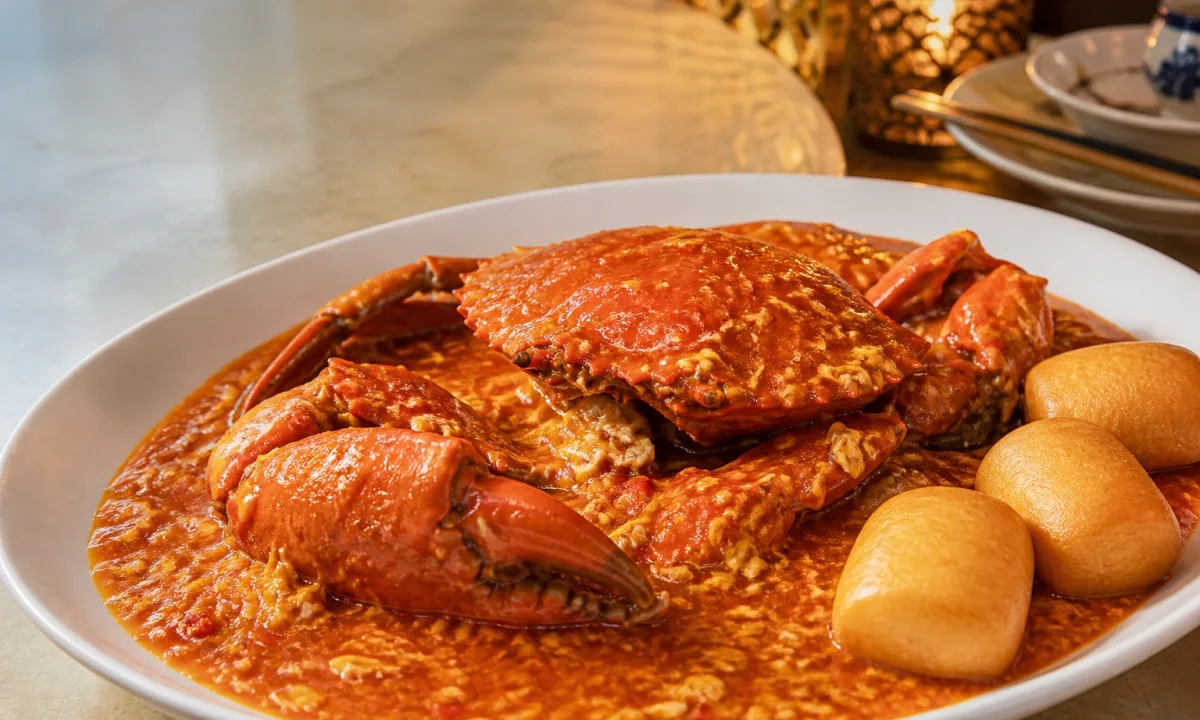 Whole Singapore chilli crab in glossy tomato chilli egg gravy with fried mantou buns