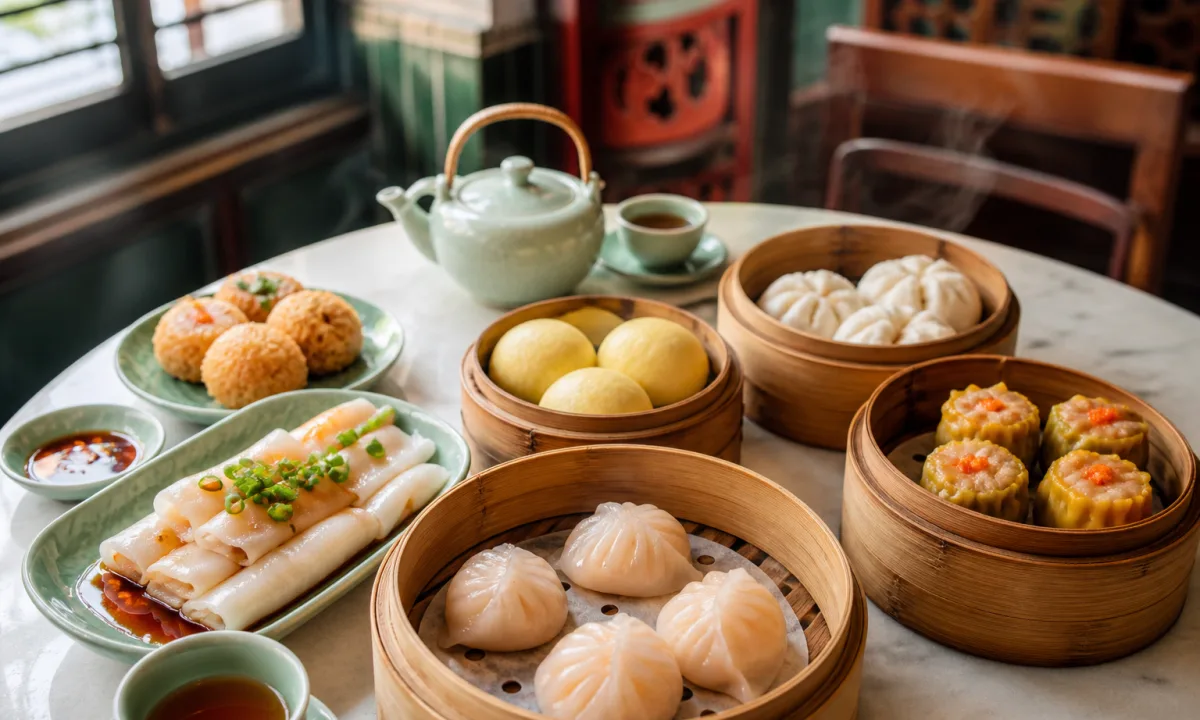 Cantonese dim sum spread with har gow, siew mai, buns, rice noodle rolls and tea in bamboo steamers