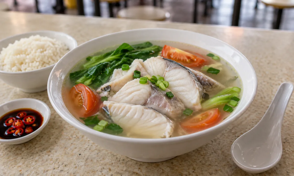 Illustration of clear Singapore sliced fish soup with greens, tomatoes and rice