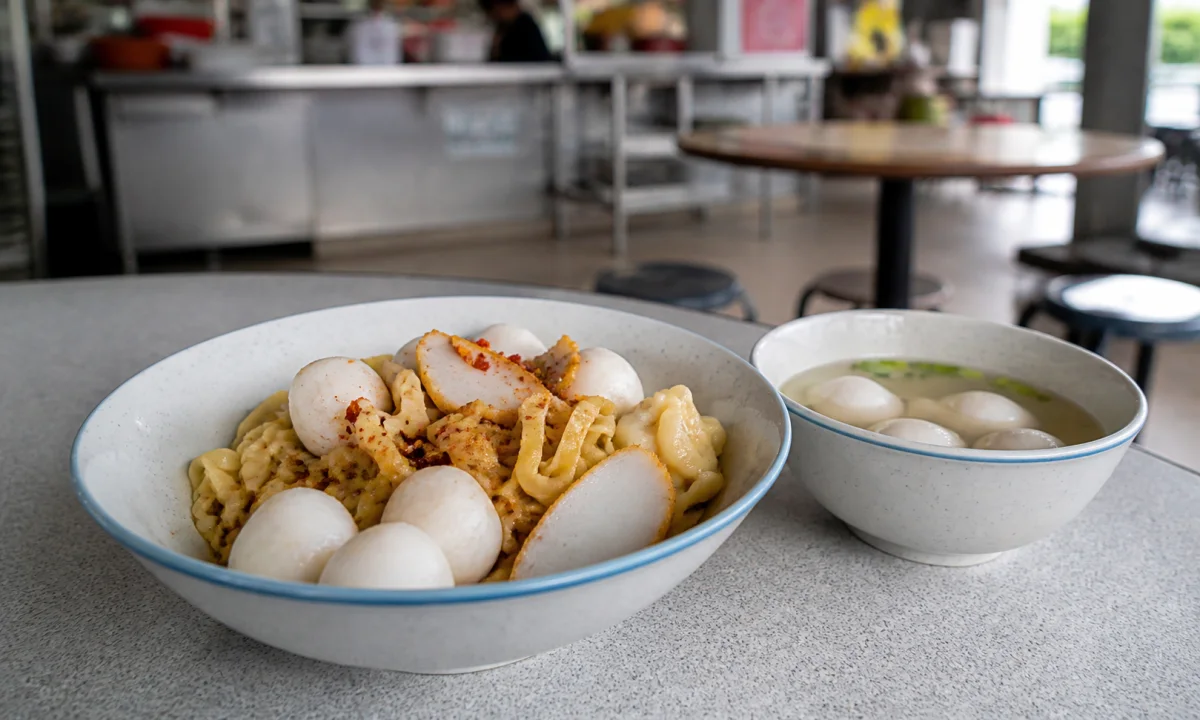 Dry mee pok with handmade fishballs, fishcake, lettuce, chilli and vinegar beside a clear soup