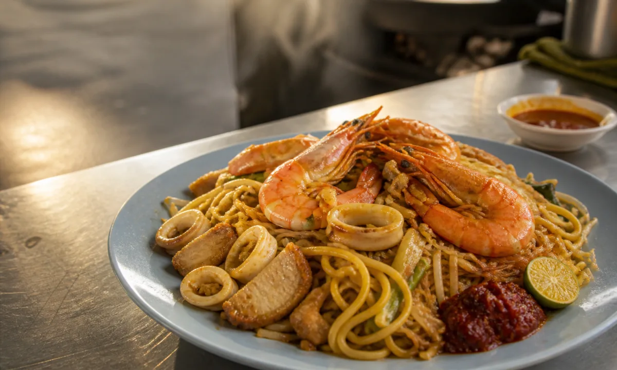 Singapore Hokkien mee with prawns, squid, pork belly, sambal and calamansi on a hawker-centre table