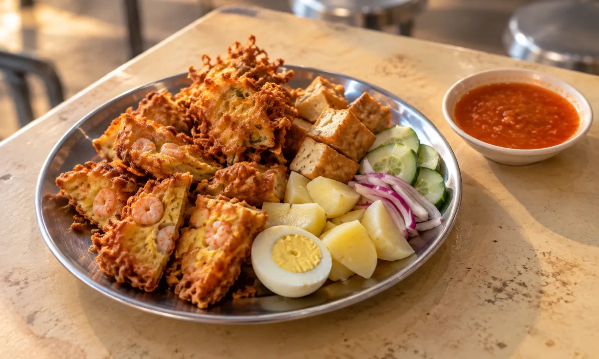 Illustration of Indian rojak fritters, potato, tofu and cucumber with sweet-spicy dipping gravy