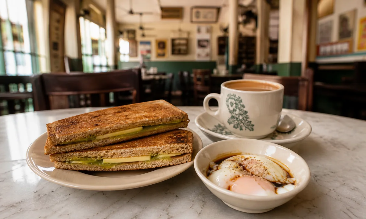 Singapore kaya toast breakfast with soft-boiled eggs and kopi in a traditional coffee shop