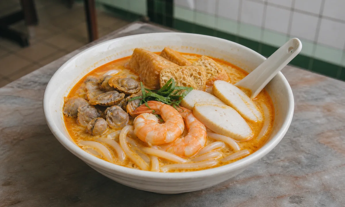 Singapore laksa with thick rice noodles, prawns, cockles, fishcake and laksa leaves in coconut gravy