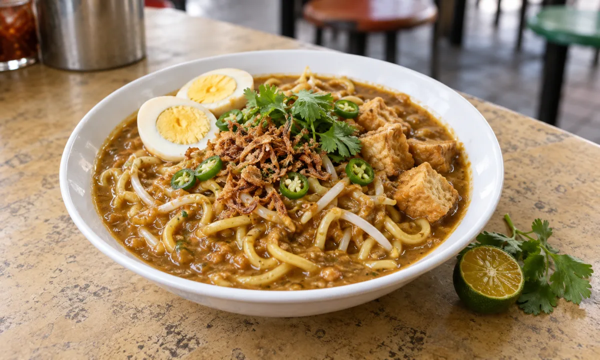 Illustration of yellow mee rebus noodles with thick gravy, egg, tofu, lime and green chilli