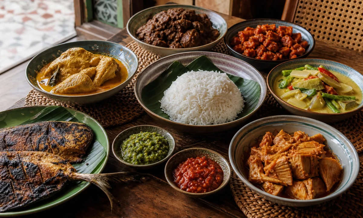 Nasi Padang spread with white rice, beef rendang, chicken curry, grilled fish, vegetables and sambal