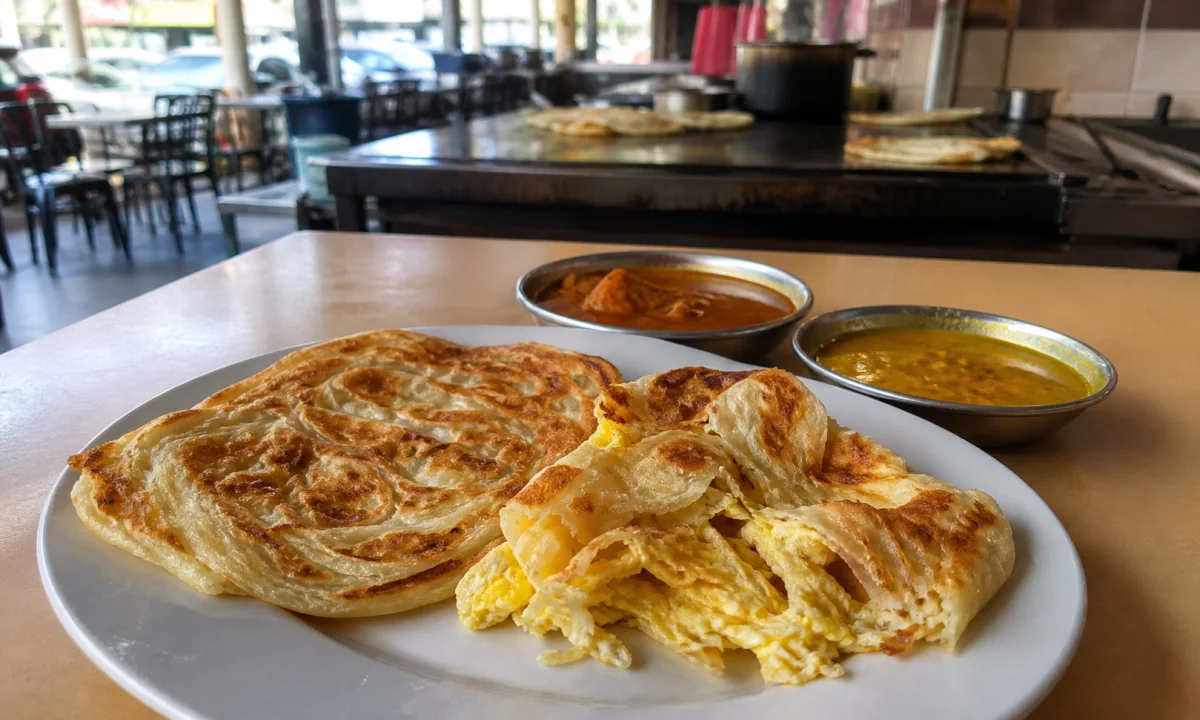 Crisp roti prata with fish curry, sugar and teh tarik on a Singapore kopitiam table