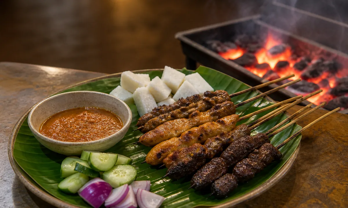 Charcoal-grilled chicken, beef and mutton satay with peanut sauce, ketupat, cucumber and onion