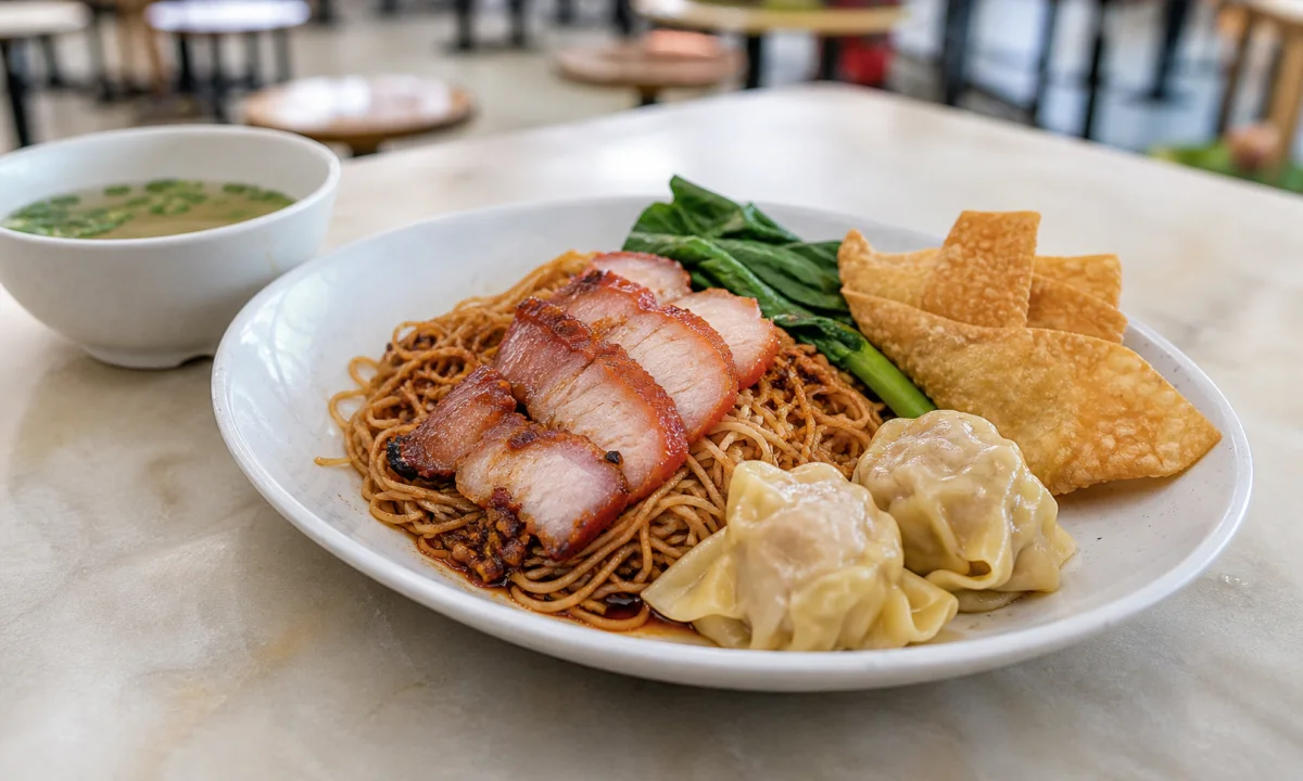 Dry Singapore wanton mee with char siu, leafy greens, fried wantons and chilli sauce