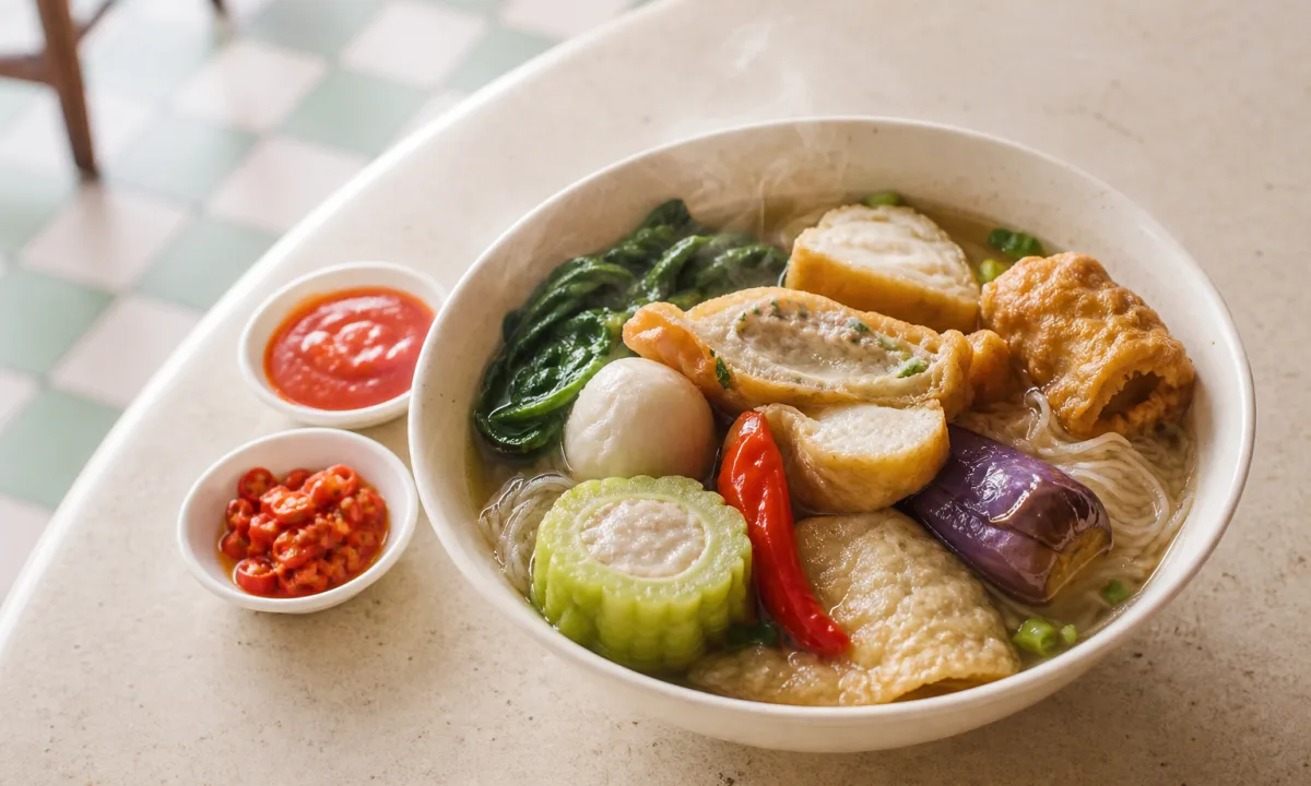 Singapore yong tau foo with stuffed tofu, bitter gourd, chilli, eggplant, fish balls and noodles in clear broth