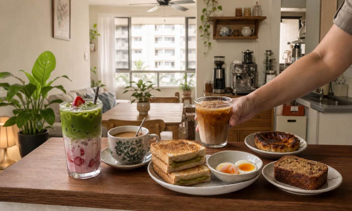Coffee, strawberry matcha, kaya toast and homemade bakes at a Singapore HDB home café counter