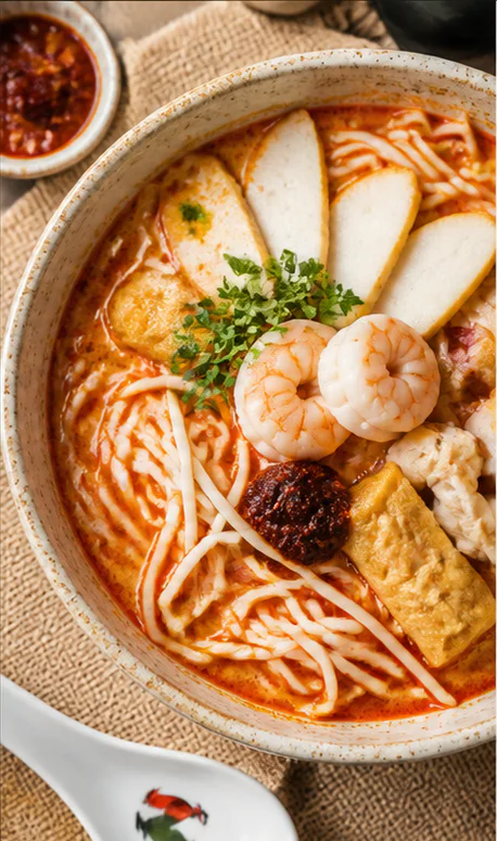 A bowl of laksa with prawns, tofu and fish cake