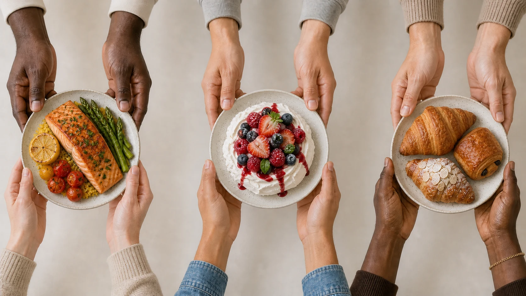 Six people passing plates of salmon, berry pavlova and freshly baked pastries